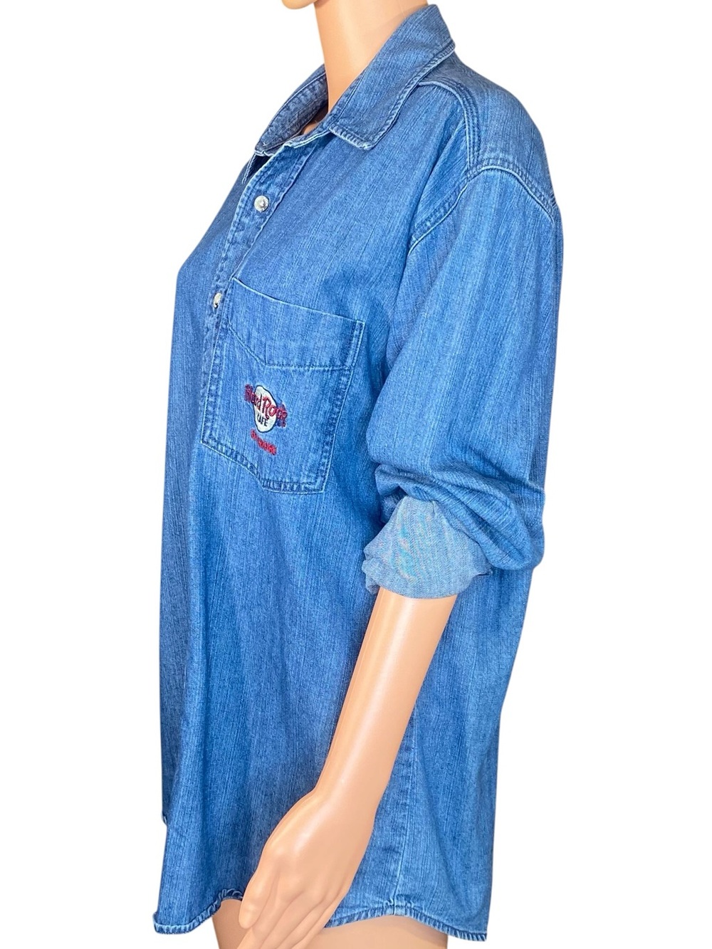 Vtg Hard Rock Cafe Denim Button-Down Shirt Baltimore Embroidered Logos Cotton M - Picture 2 of 6